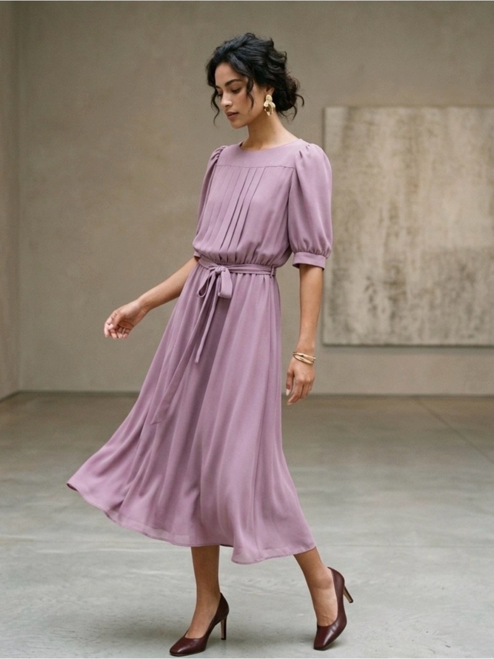 70s Vintage Mauve Pleated Midi Dress with Tie Waist S/M